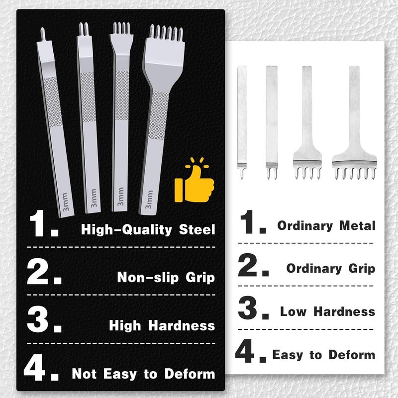 MORFEN Leather Stitching Punch Hole Punch Tool Set, 3mm 1/2/4/6 Prong Punch Chisel, Round Hole Punch for Belt, Watch Band, Leather Strap DIY Crafts - Image 5